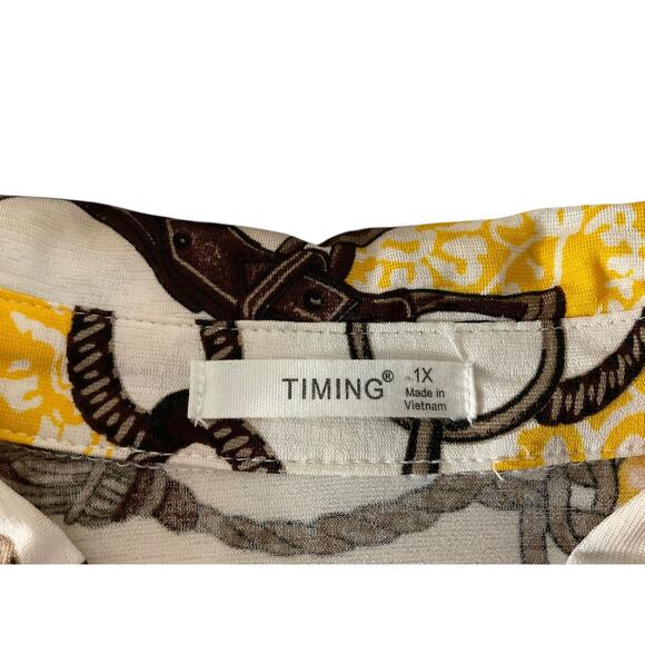 Timing Womens 1X Yellow White Blouse Chain Print Button Up Long Sleeve Top - Picture 3 of 11